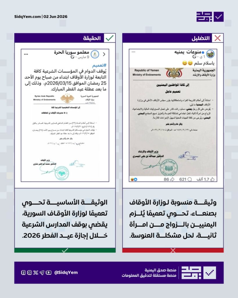حقيقة تعميم وزارة الأوقاف في صنعاء بإلزام المواطنين بالزواج من امرأة ثانية